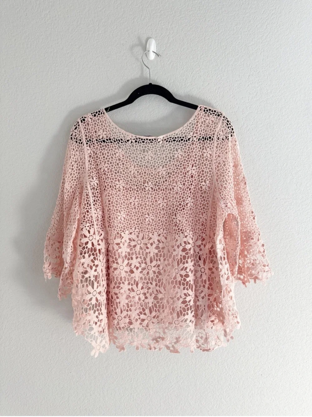 Anthropologie Blue Tassel Blush Pink Crochet Lace Layered Top with Cami NWOT